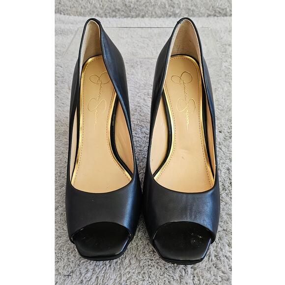 Jessica Simpson Peep Toe Leather Dress Fashion Stiletto Heels Women Sz 8.5 Black - Picture 2 of 7